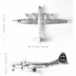 AF1 B-29 Superfortress diecast model in silver, top view with dimensions displayed