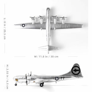 AF1 B-29 Superfortress diecast model in silver, top view with dimensions displayed