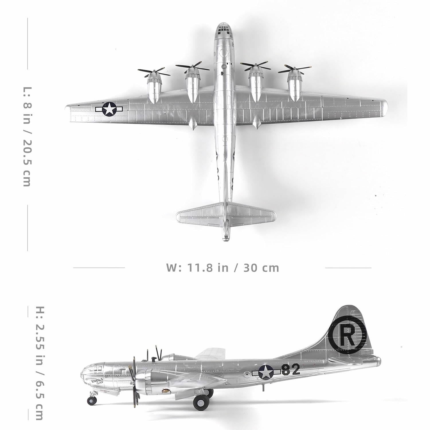 NUOTIE B-29 Superfortress diecast model in silver, top view with dimensions