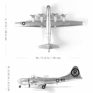 NUOTIE B-29 Superfortress diecast model in silver, top view with dimensions