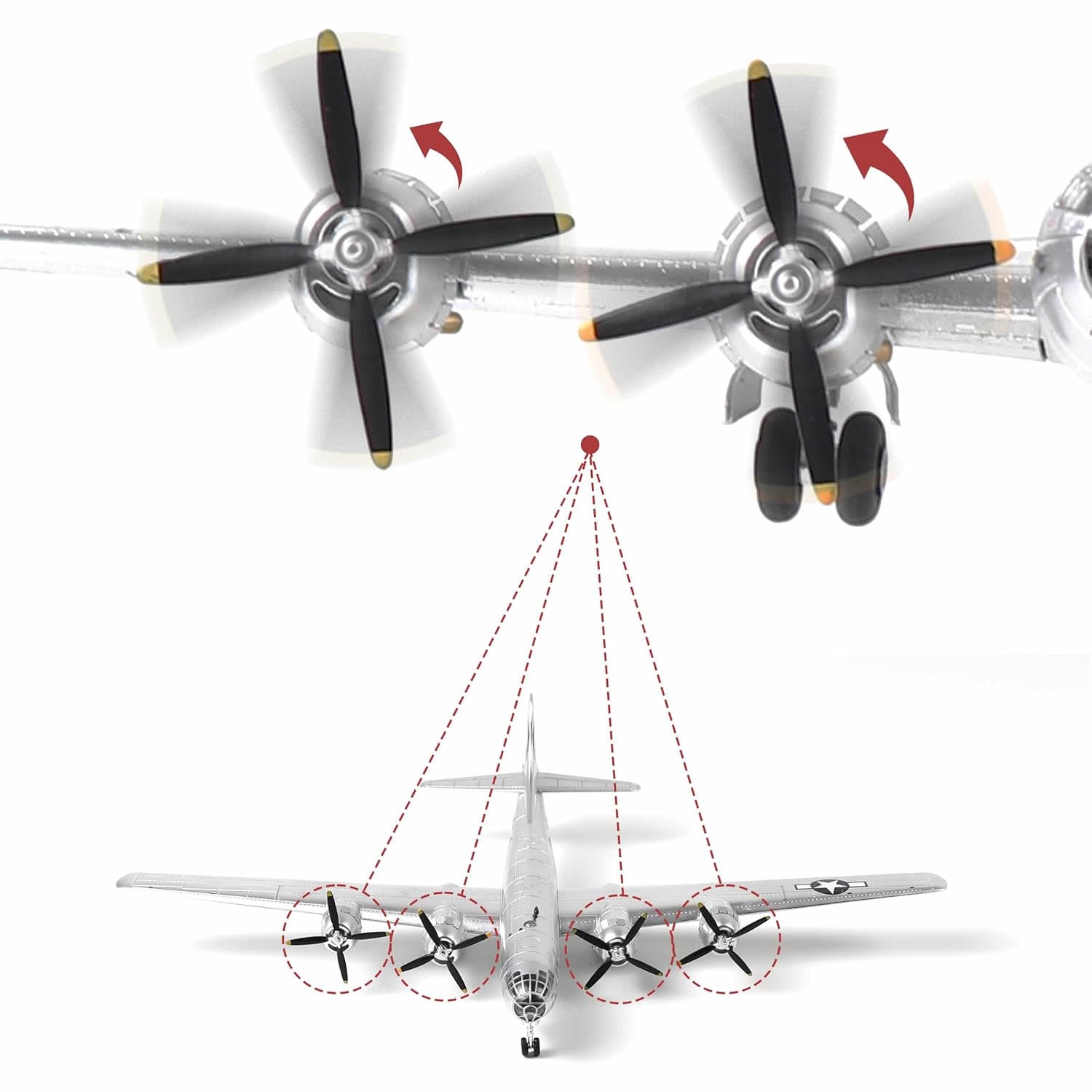 AF1 B-29 Superfortress diecast model with propellers and stand, front view