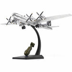 NUOTIE B-29 Superfortress diecast model in silver with bomb on stand, front view