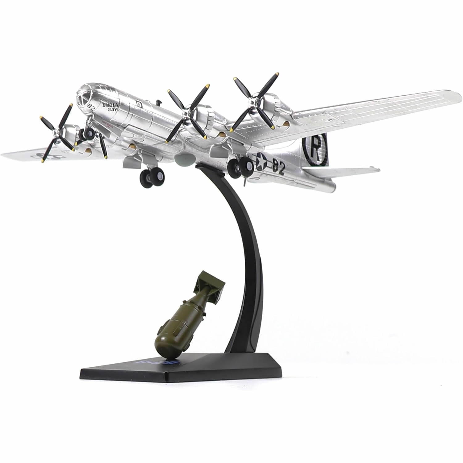 NUOTIE B-29 Superfortress diecast model in silver with bomb on stand, front view