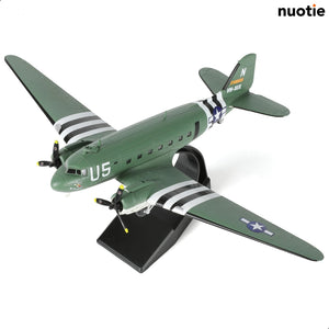 NUOTIE Model 1/100 Douglas C-47 Skytrain diecast metal model aircraft in green with black stripes, angled view