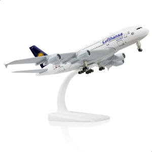 QIYUMOKE Lufthansa Airbus A380 diecast model aircraft in flight position with stand