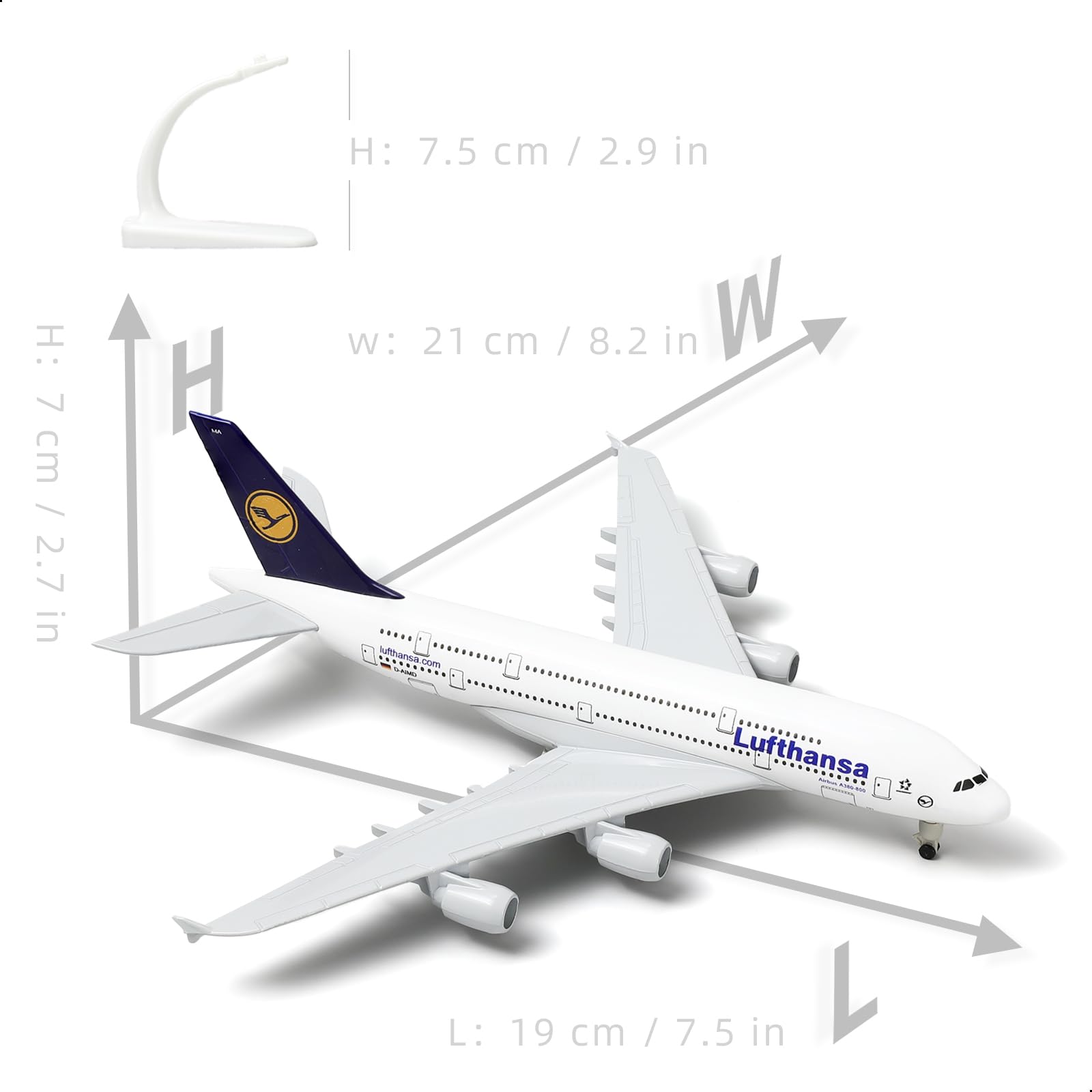 QIYUMOKE Lufthansa Airbus A380 diecast model aircraft top view with dimensions displayed
