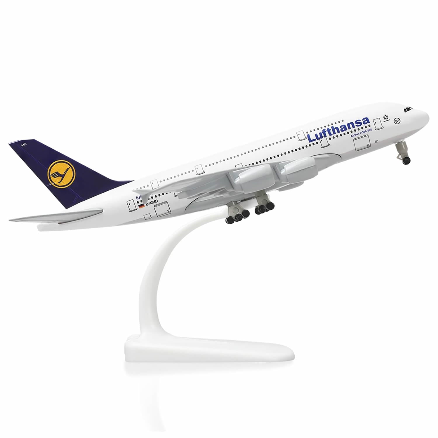 QIYUMOKE Lufthansa Airbus A380 diecast model aircraft angled view with stand
