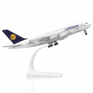QIYUMOKE Lufthansa Airbus A380 diecast model aircraft angled view with stand