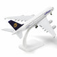 QIYUMOKE Lufthansa Airbus A380 diecast model aircraft side view with stand