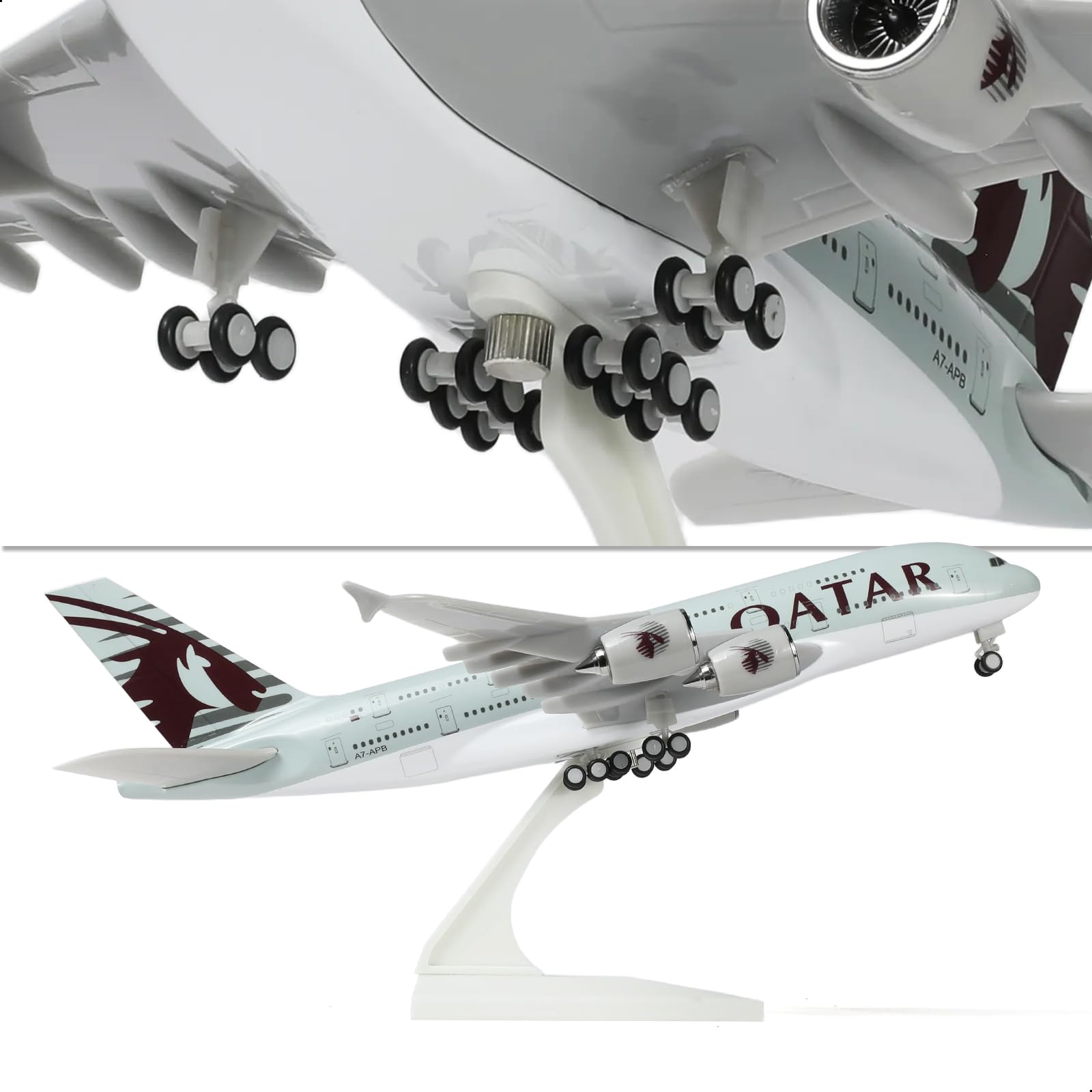 QIYUMOKE Qatar Airways Airbus A380 model with detailed underside and landing gear, aircraft side profile