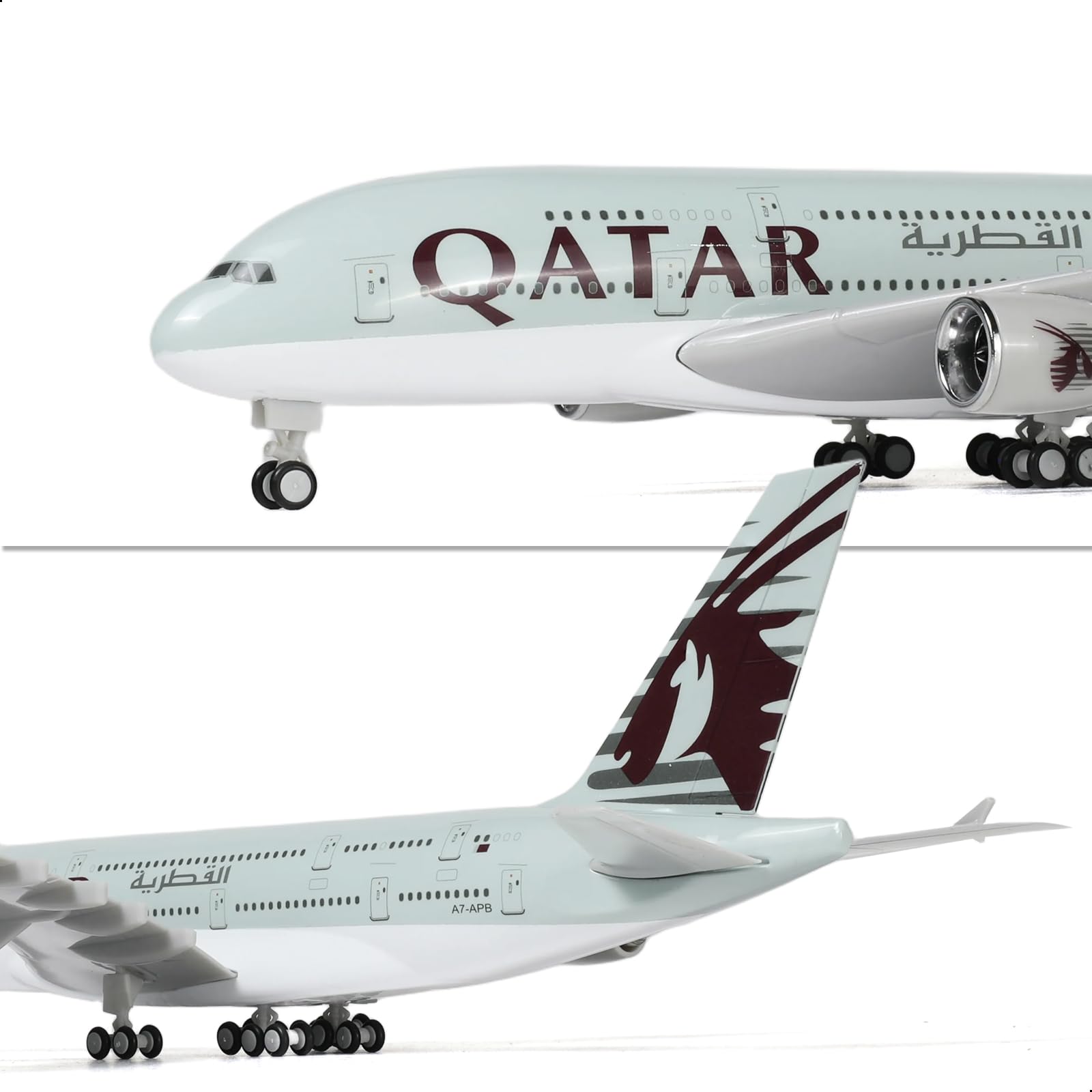 QIYUMOKE Qatar Airways Airbus A380 model showcasing front view and tail design, aircraft detail