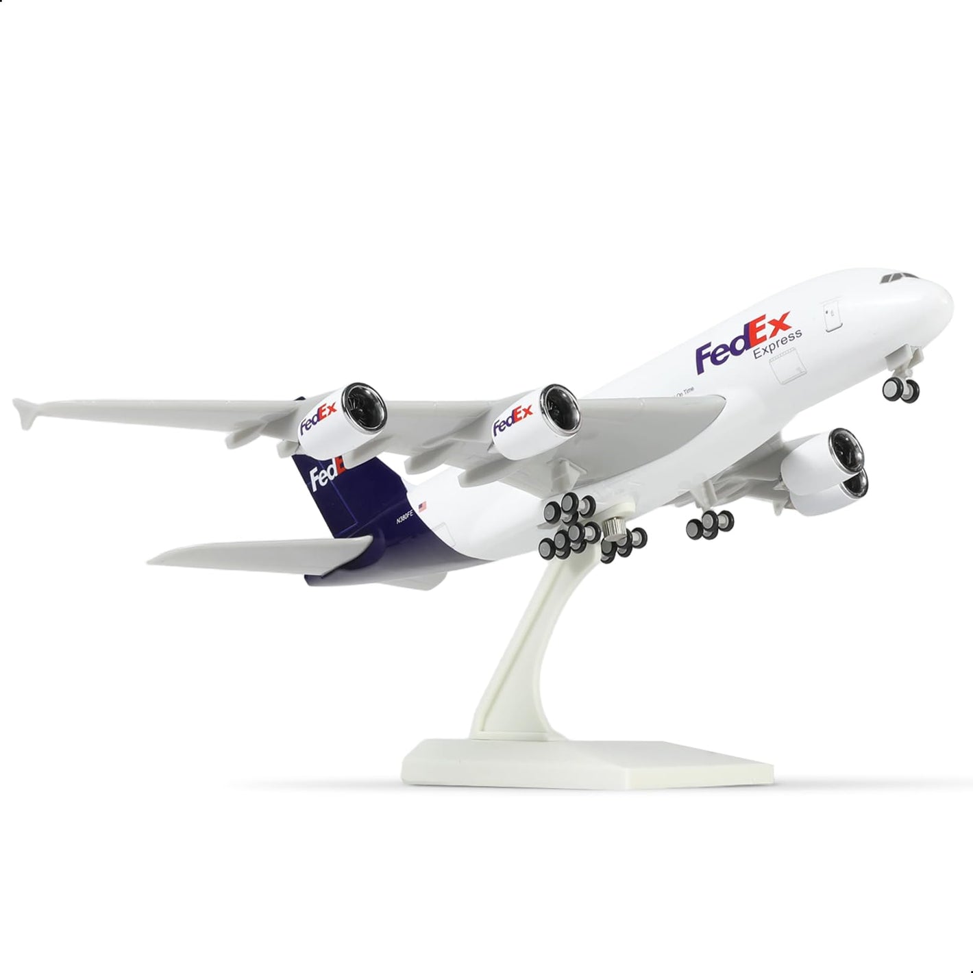 QIYUMOKE FedEx Express Airbus A380 model in flight position, aircraft with purple and orange details