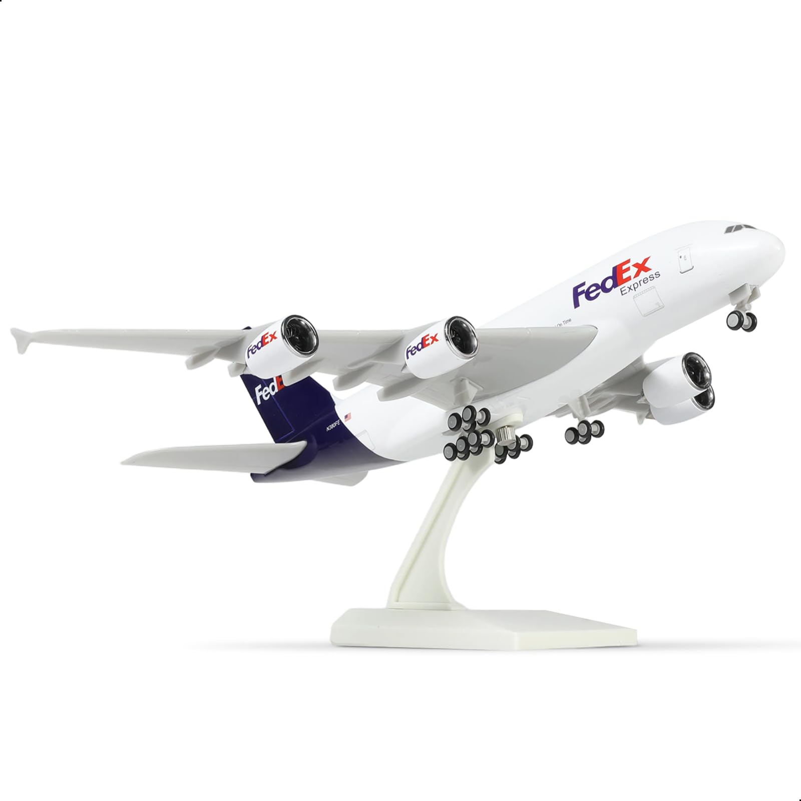 QIYUMOKE FedEx Express Airbus A380 model in flight position, aircraft with purple and orange details