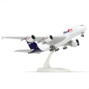QIYUMOKE FedEx Express Airbus A380 model in flight position, aircraft with purple and orange details
