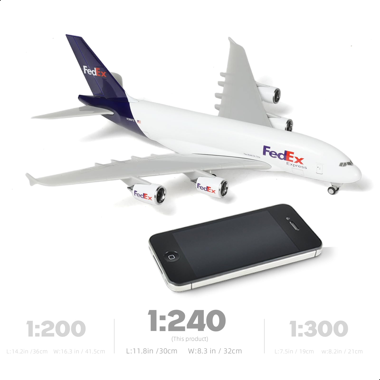 QIYUMOKE FedEx Express Airbus A380 model next to smartphone for scale, aircraft in stationary position