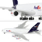 QIYUMOKE FedEx Express Airbus A380 model close-up, showcasing purple tail and detailed engines