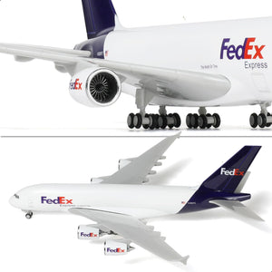 QIYUMOKE FedEx Express Airbus A380 model close-up, showcasing purple tail and detailed engines