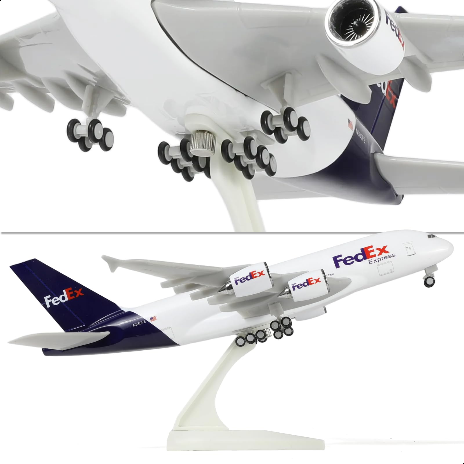 QIYUMOKE FedEx Express Airbus A380 model in purple and white, side view with landing gear visible