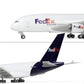 QIYUMOKE FedEx Express Airbus A380 model in purple and white, front view showcasing the nose and tail