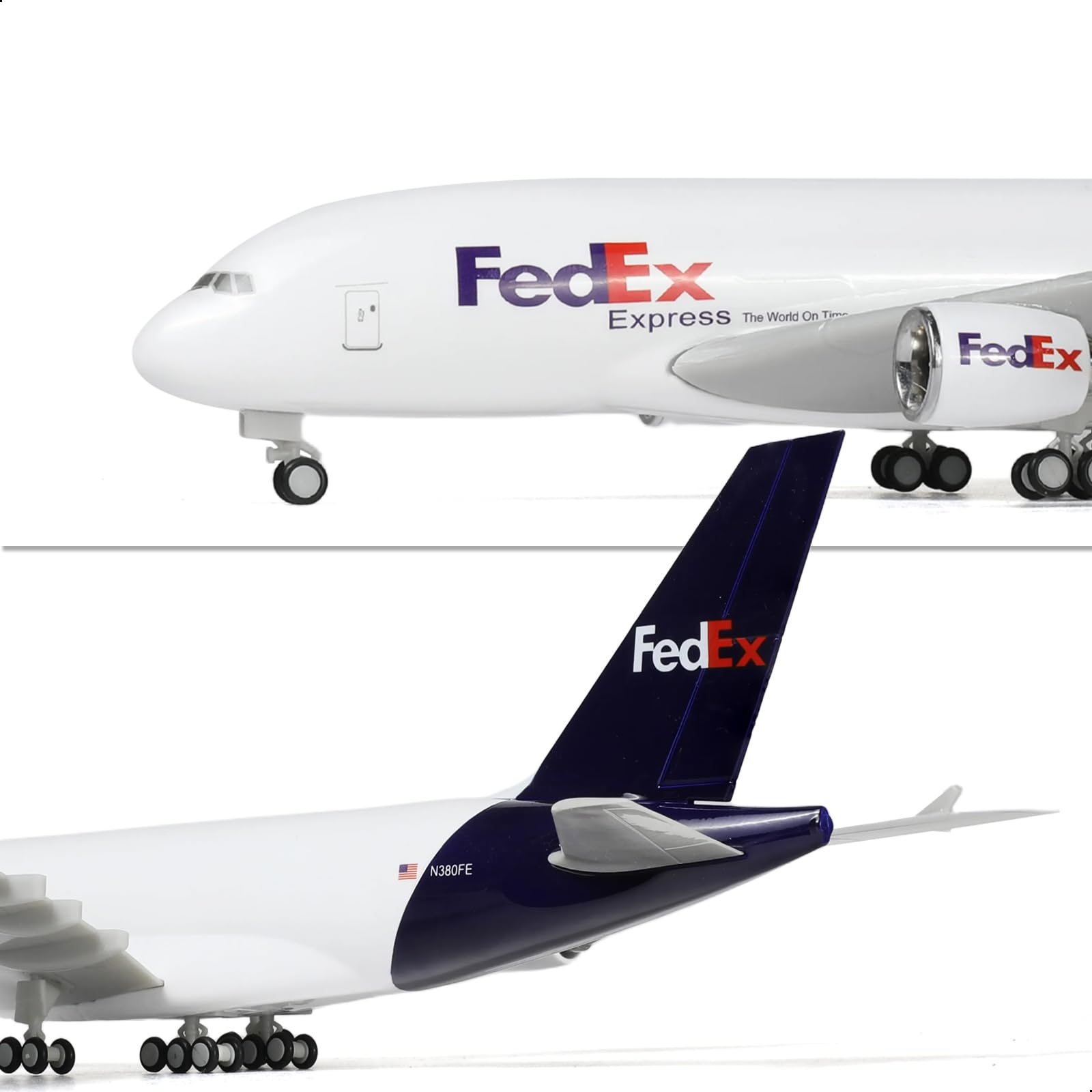 QIYUMOKE FedEx Express Airbus A380 model in purple and white, front view showcasing the nose and tail