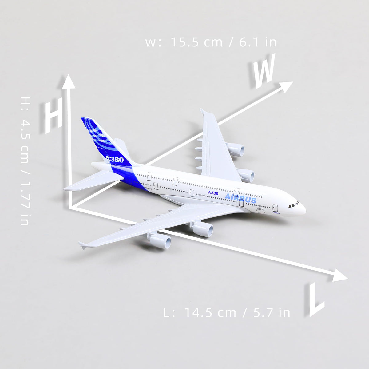 QIYUMOKE Airbus A380 model dimensions shown, top view with measurements.