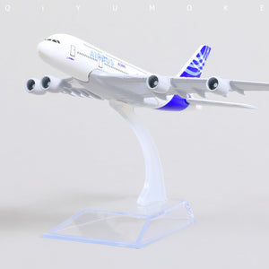 QIYUMOKE Airbus A380 model in blue and white, front view on a clear stand.