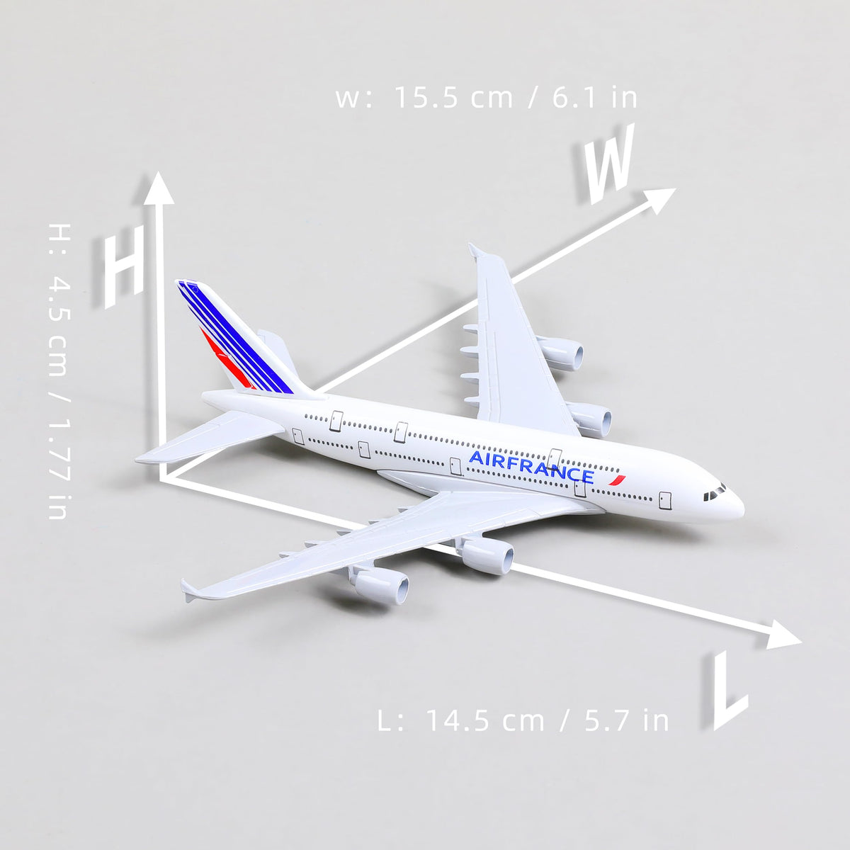 QIYUMOKE Air France Airbus A380 diecast model aircraft top view with dimensions