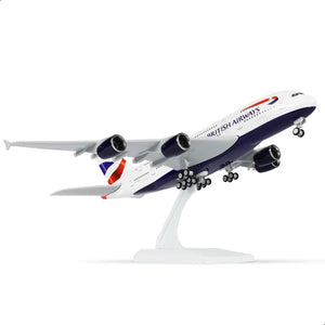 QIYUMOKE British Airways Airbus A380 model in silver with detailed features, front view