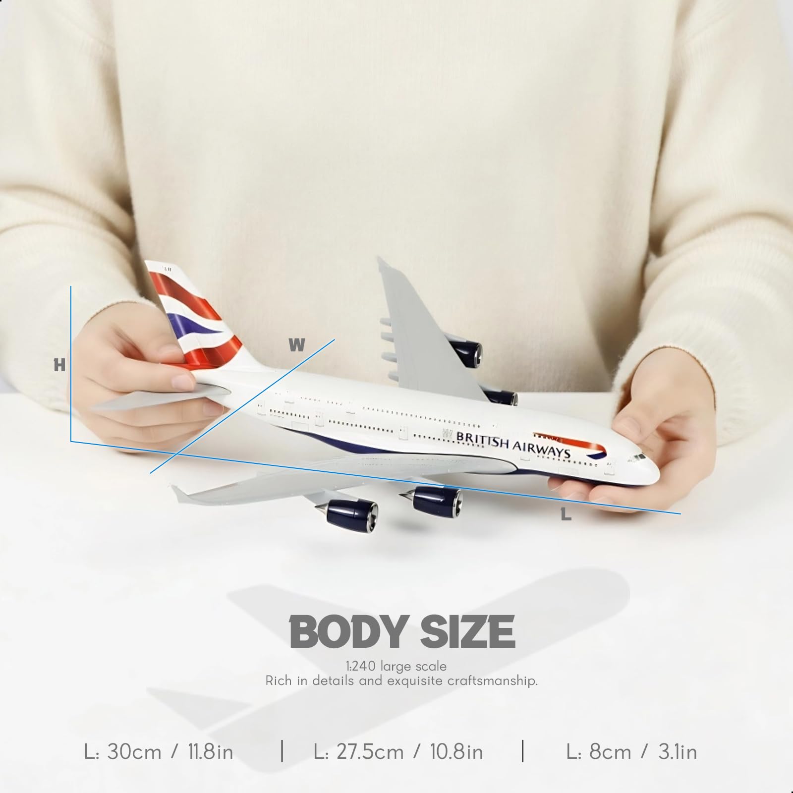 QIYUMOKE British Airways Airbus A380 model held in hands, showcasing size and details