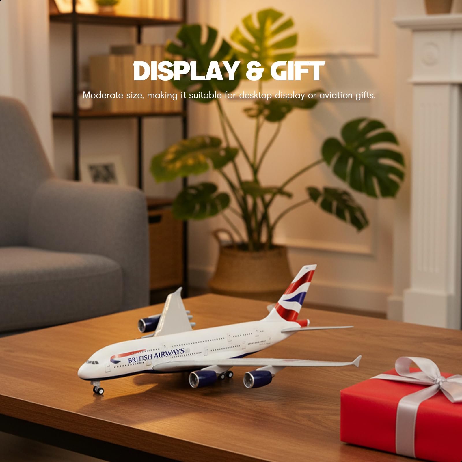 QIYUMOKE British Airways Airbus A380 model in silver displayed on a table with a gift, front view