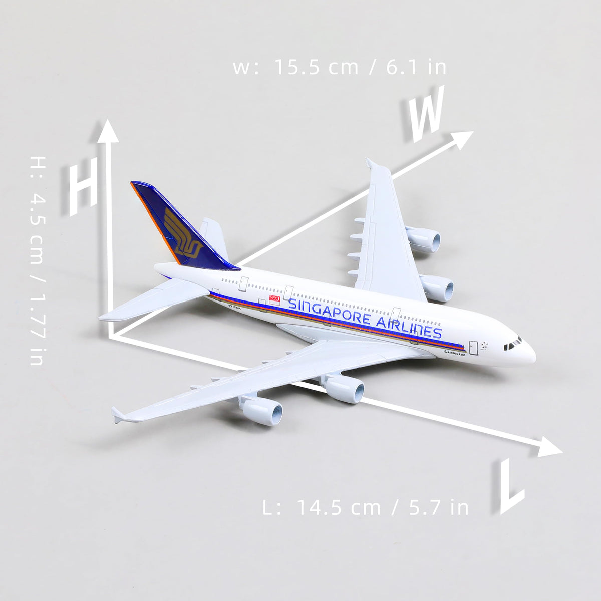 QIYUMOKE Singapore Airlines Airbus A380 model with dimensions displayed