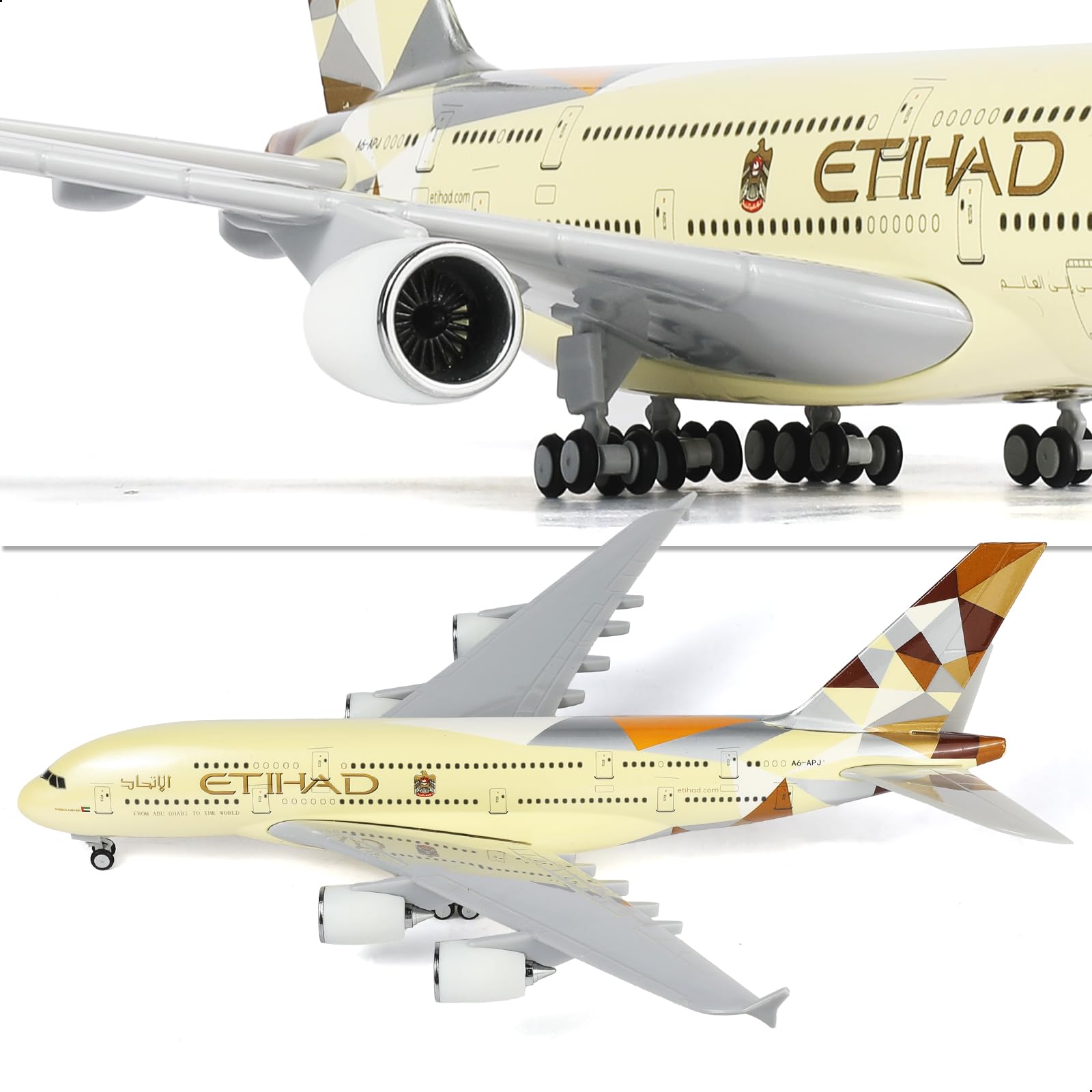 QIYUMOKE Etihad Airways Airbus A380 model aircraft, front view with detailed design