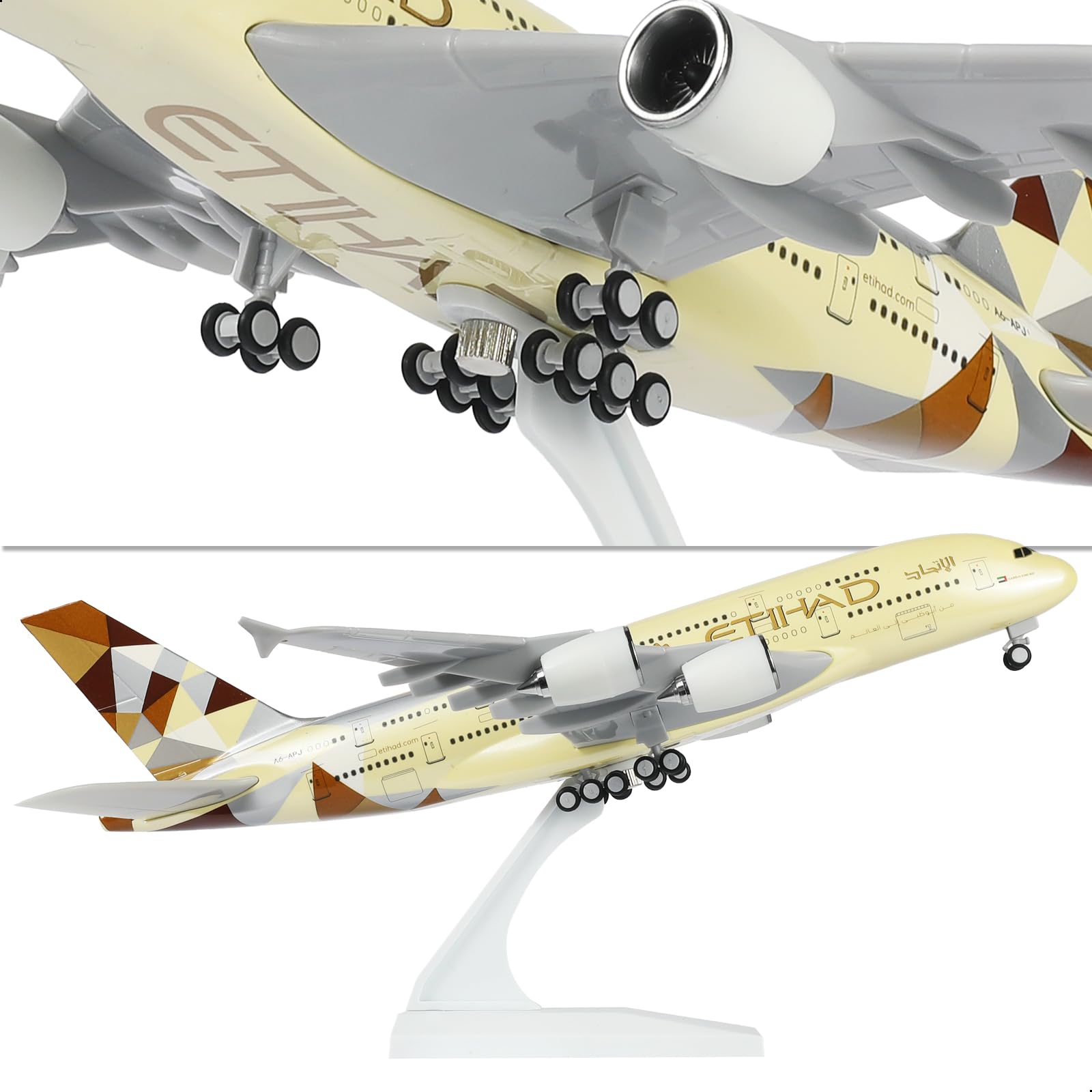 QIYUMOKE Etihad Airways Airbus A380 model aircraft, underside view showing landing gear