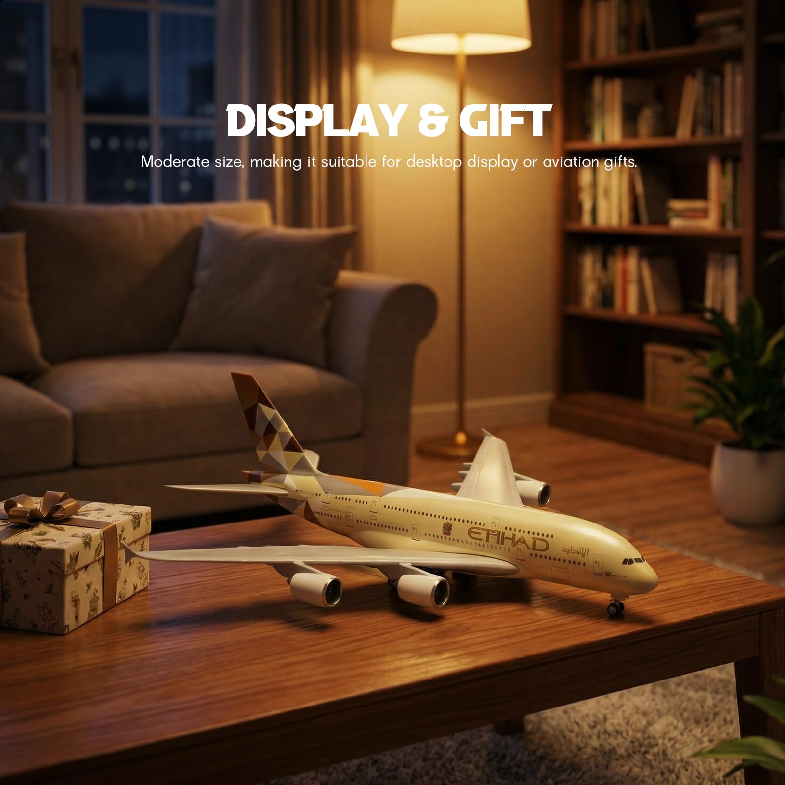 QIYUMOKE Etihad Airways Airbus A380 model aircraft displayed on a table, suitable for gifts