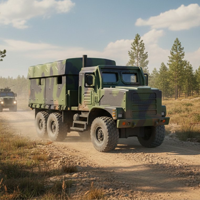 USMC MTVR MK23 military truck model driving on a dirt road surrounded by trees and other vehicles.