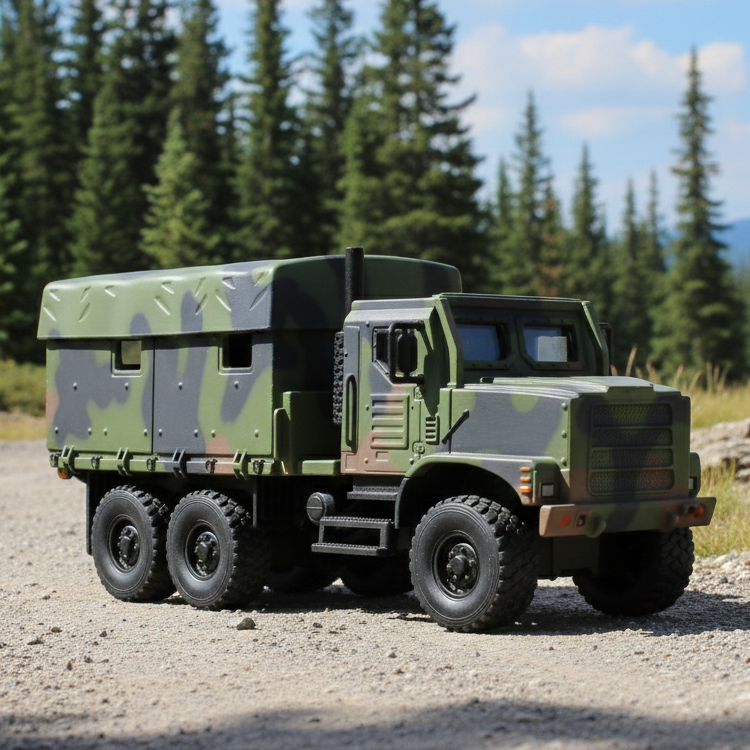 Close-up of a green camouflage USMC MTVR MK23 military truck model parked on a gravel path with trees in the background.