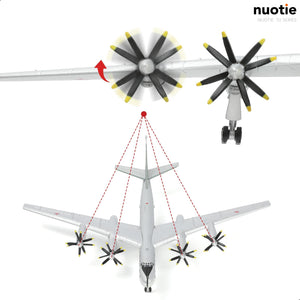 NUOTIE Tupolev TU-95 Bear diecast metal bomber model aircraft, close-up of propellers and underside