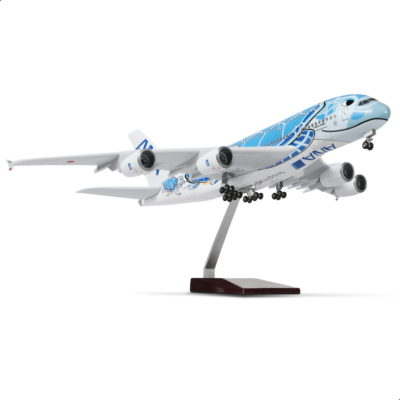 QIYUMOKE ANA Airbus A380 model in blue with stand, side profile view