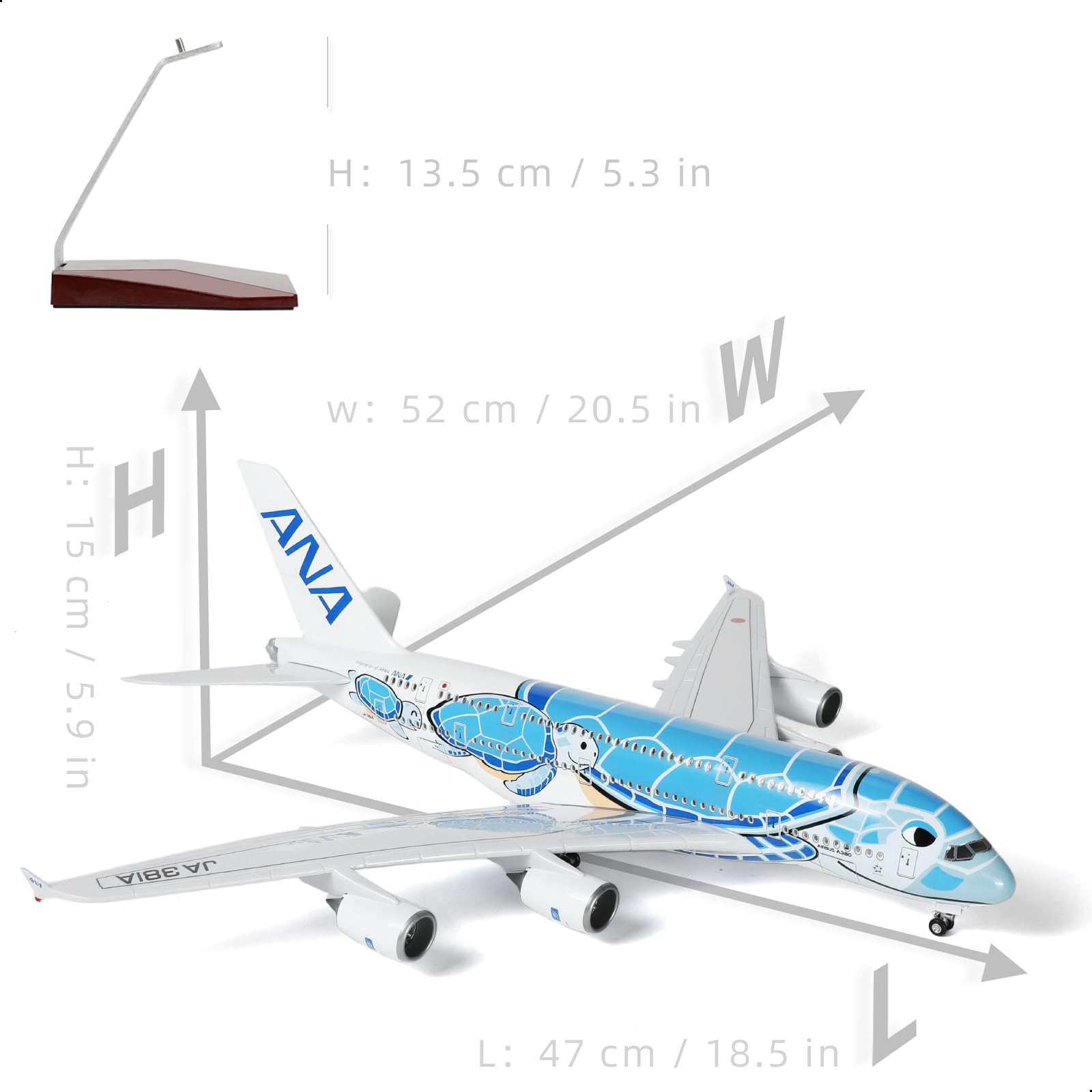QIYUMOKE ANA Airbus A380 model in blue with stand, top view showing dimensions