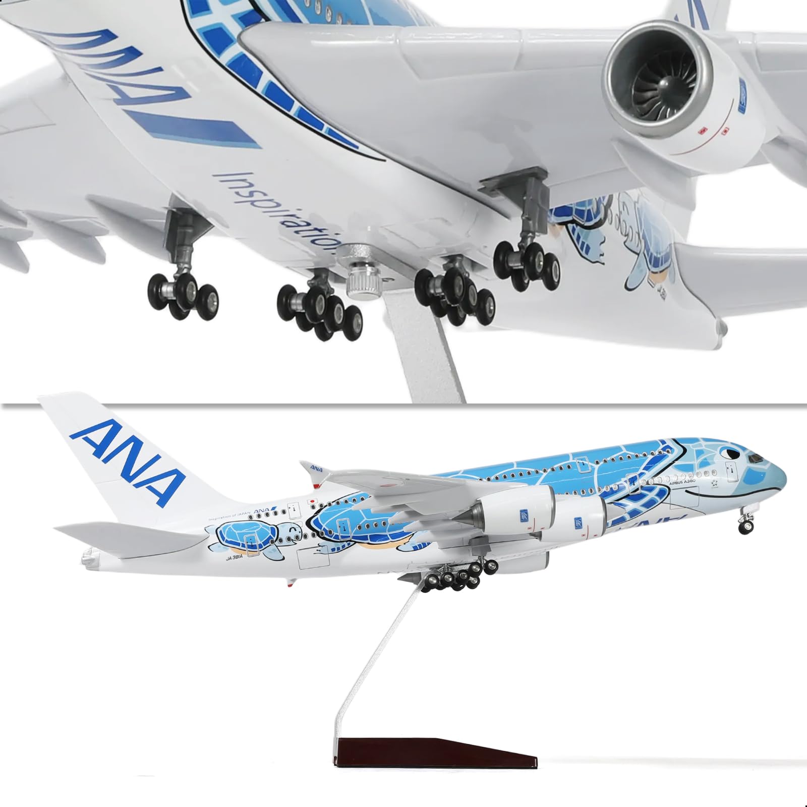 QIYUMOKE 1/160 ANA Airbus A380 blue model aircraft in flight position with stand
