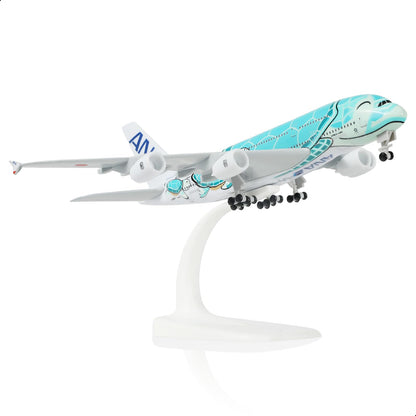 QIYUMOKE Airbus A380 Green Sea Turtle diecast model aircraft in flight position