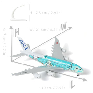 QIYUMOKE Airbus A380 Green Sea Turtle diecast model aircraft with dimensions displayed