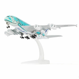 QIYUMOKE Airbus A380 Green Sea Turtle diecast model aircraft front view on stand