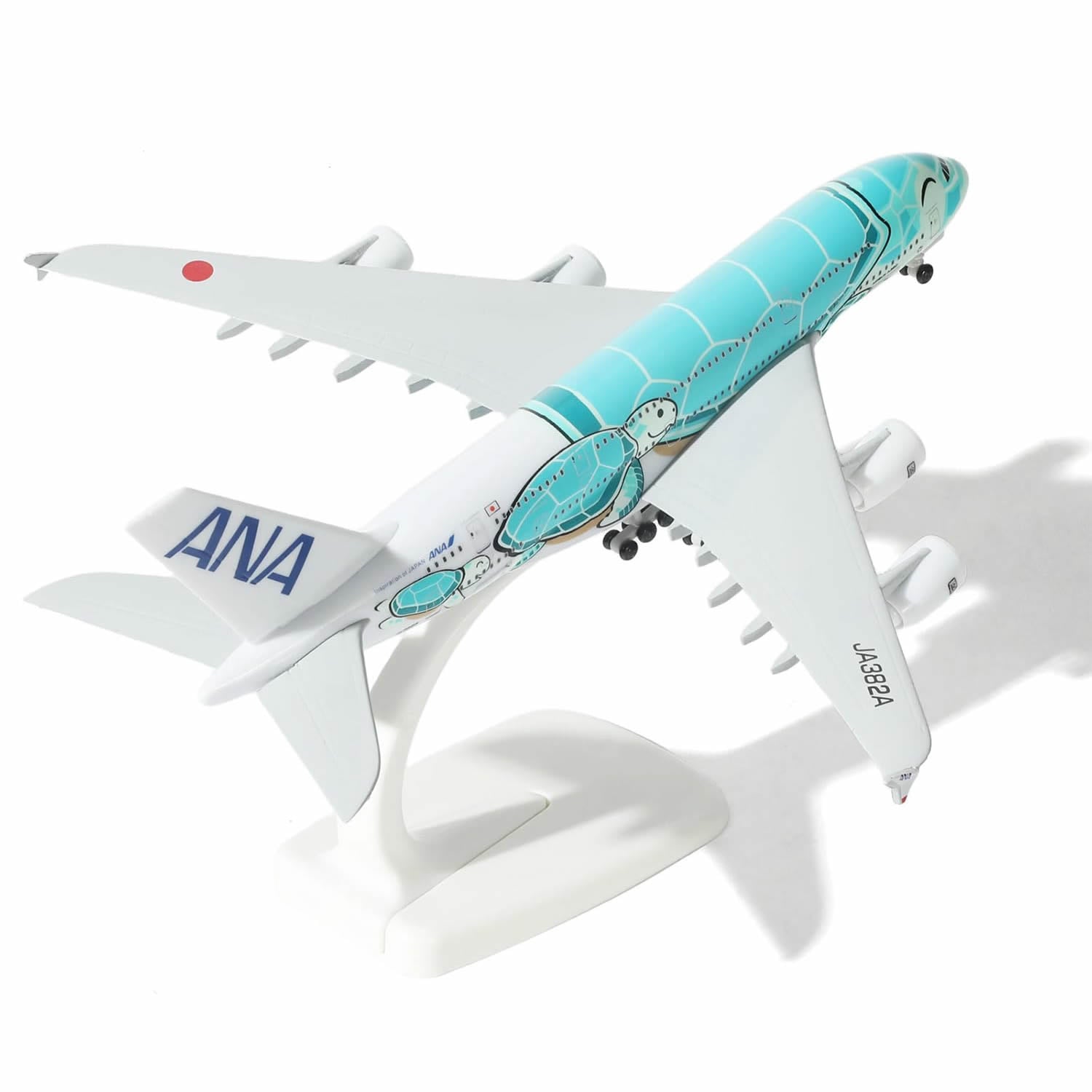 QIYUMOKE 1/300 ANA Airbus A380 green diecast model aircraft top view with stand