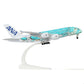 QIYUMOKE 1/300 ANA Airbus A380 green diecast model aircraft angled view with stand