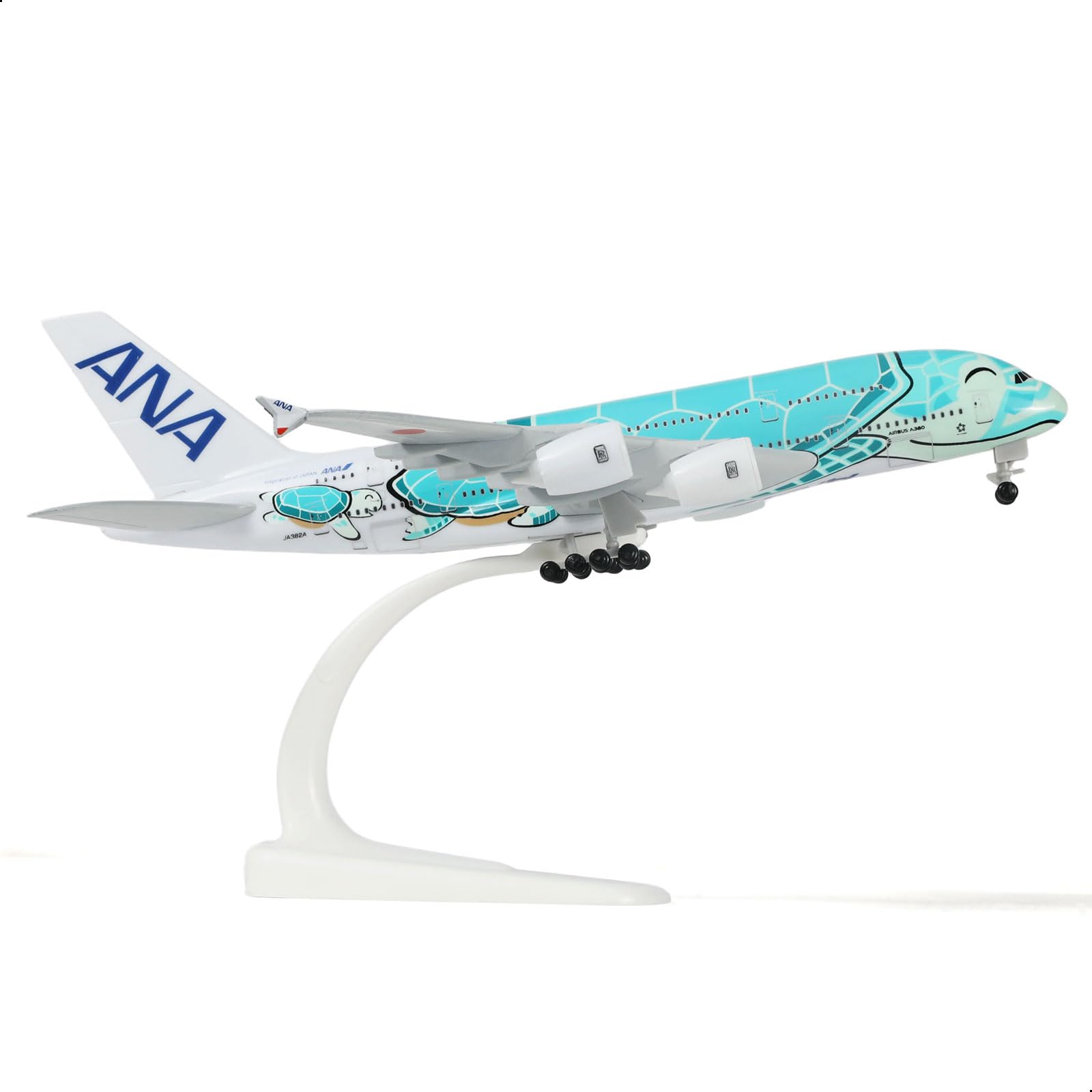 QIYUMOKE 1/300 ANA Airbus A380 green diecast model aircraft angled view with stand