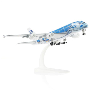 QIYUMOKE Airbus A380 diecast model in blue with stand, side view