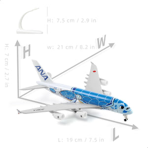 QIYUMOKE Airbus A380 diecast model in blue with stand, top view