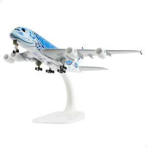QIYUMOKE Airbus A380 diecast model in blue with stand, front view