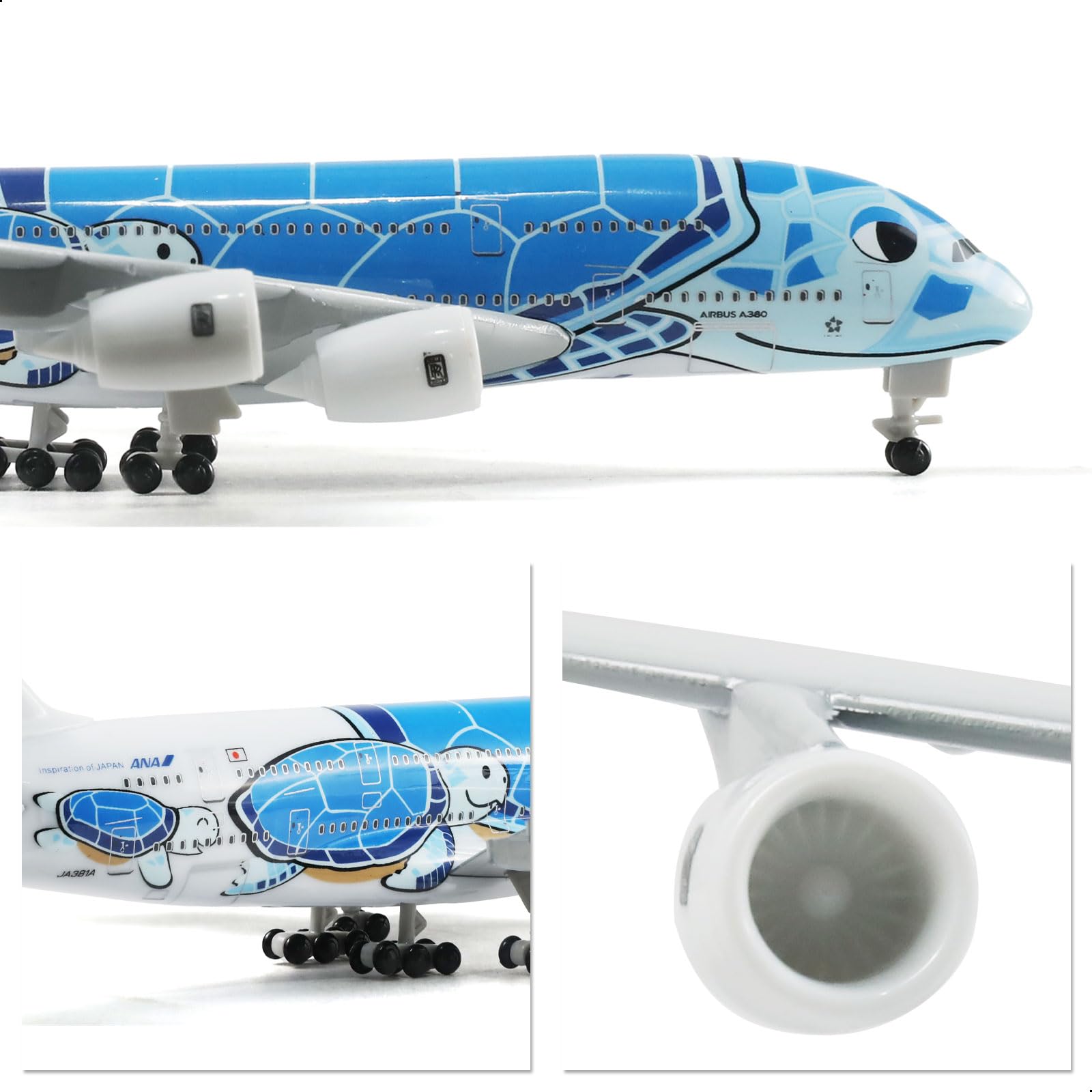 QIYUMOKE 1/300 ANA Airbus A380 blue diecast model aircraft side profile